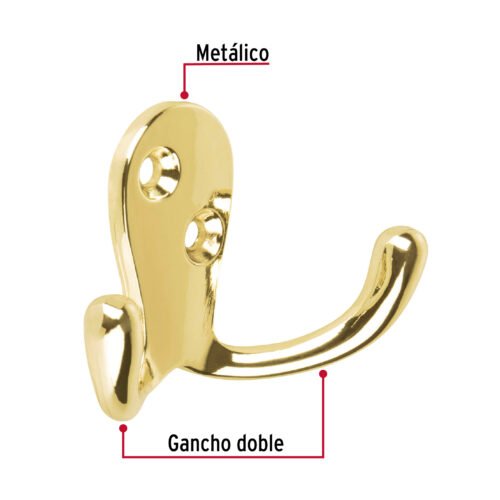 48356 - Gancho doble tipo perchero, latón brillante, HERMEX