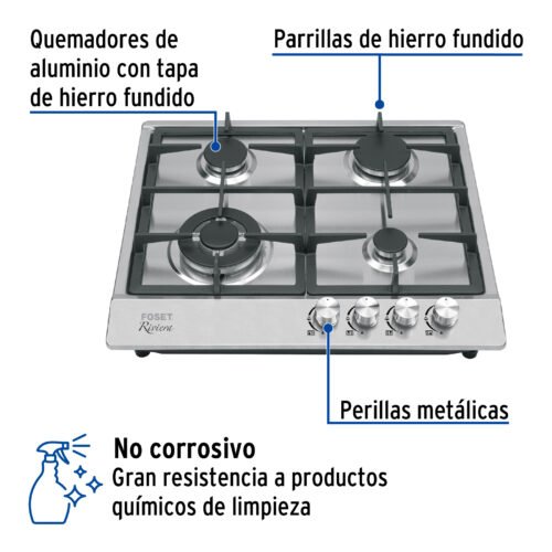 484061 48406 - Parrilla gas empotrable 60cm, 4 quem, acero inox, Riviera