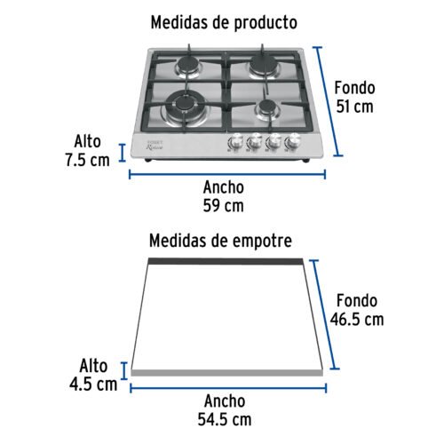 484062 48406 - Parrilla gas empotrable 60cm, 4 quem, acero inox, Riviera