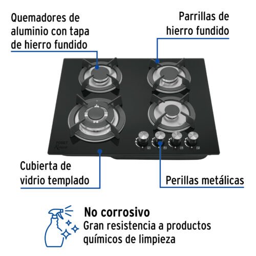 48408 48408 - Parrilla gas empotrable 60cm, 4 quem, vidrio negro, Riviera