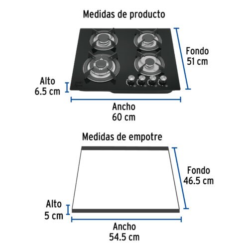 484082 48408 - Parrilla gas empotrable 60cm, 4 quem, vidrio negro, Riviera