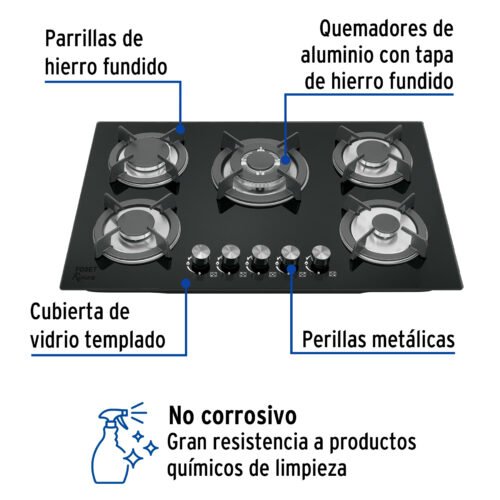 48409 - Parrilla gas empotrable 75cm, 5 quem, vidrio negro, Riviera