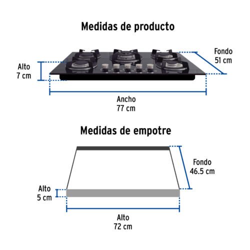 48409 - Parrilla gas empotrable 75cm, 5 quem, vidrio negro, Riviera