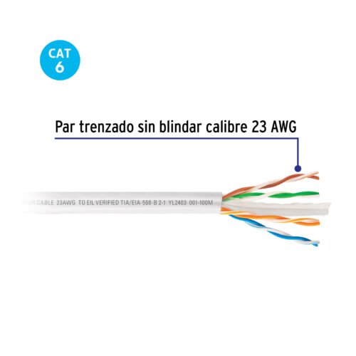 48449 - Metro de cable UTP CAT6, Bobina de 100m, blanco, VOLTECK