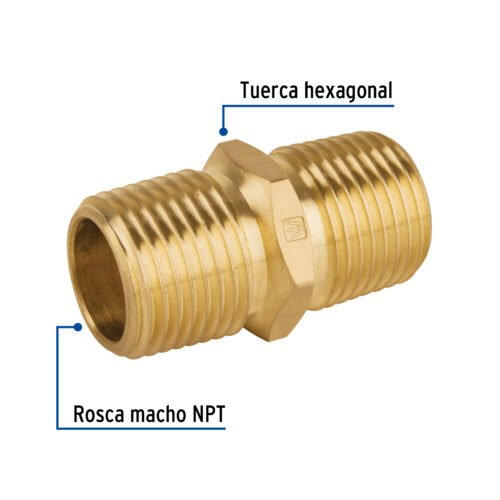 48499 - Niple unión NPT de latón, 1/2" con tuerca hexagonal, Foset