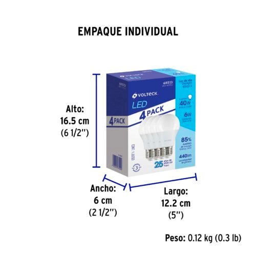 48513 48513 - Pack de 4 lámparas LED A19 6 W (equiv. 40 W), luz de día