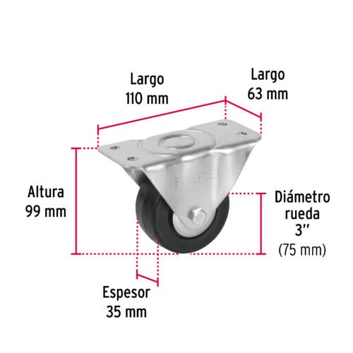 48600 - Rodaja hule 3", placa fija con balero, carga 60 kg, FIERO