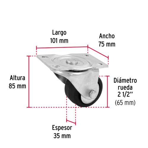486082 48608 - Rodaja hule 2-1/2", placa giratoria c/balero, carga 50kg