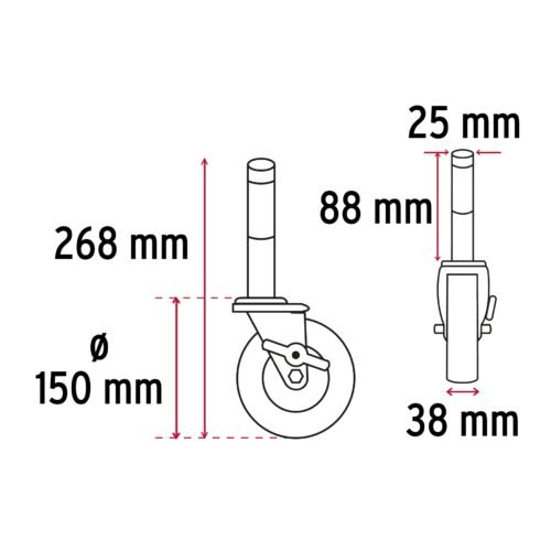 48623 - Rodaja hule 6" con espiga sólida y freno, carga 125kg, FIERO