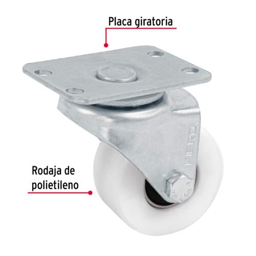 48625 - Rodaja de polietileno 2" placa giratoria, con balero, FIERO