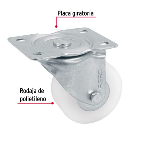 48629 - Rodaja de polietileno 3" placa giratoria, con balero, FIERO