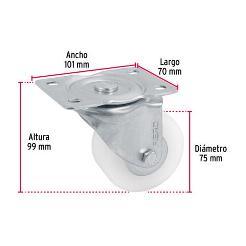 48629 - Rodaja de polietileno 3" placa giratoria, con balero, FIERO