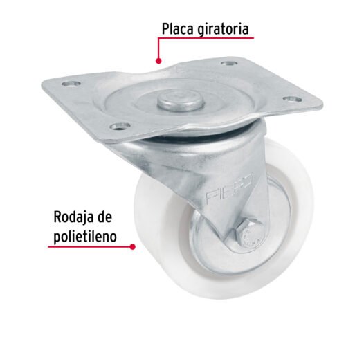 48631 - Rodaja de polietileno 4" placa giratoria, con balero, FIERO