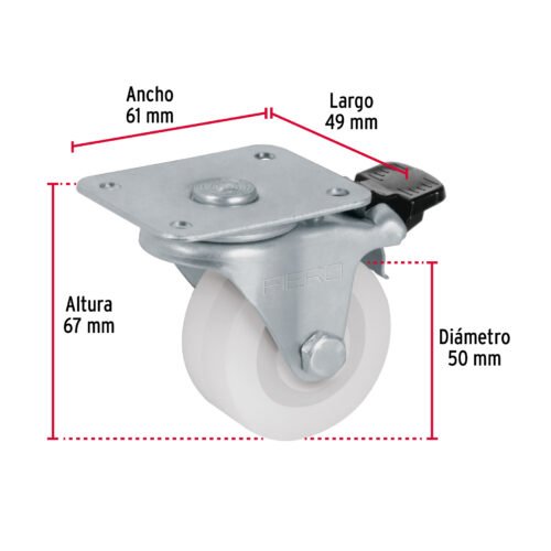 48633 - Rodaja de polietileno 2" placa giratoria, con freno, FIERO