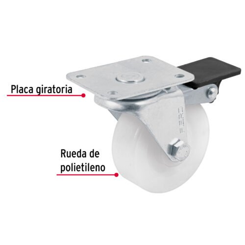 48634 - Rodaja de polietileno 2-1/2" placa giratoria con freno FIERO