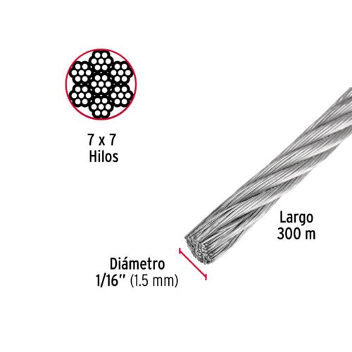 48795 - Metro de cable rígido 1/16" de acero 7x7 hilos, 300 m, FIERO