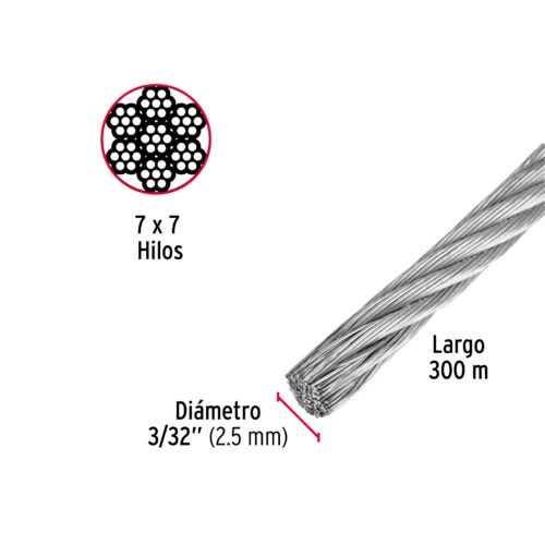 48796 - Metro de cable rígido 3/32" de acero 7x7 hilos, 300 m, FIERO