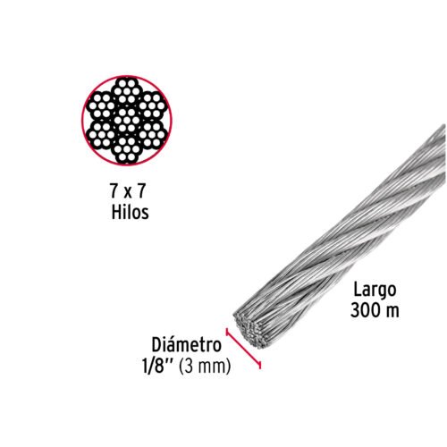48797 - Metro de cable rígido 1/8" de acero 7x7 hilos, 300 m, FIERO