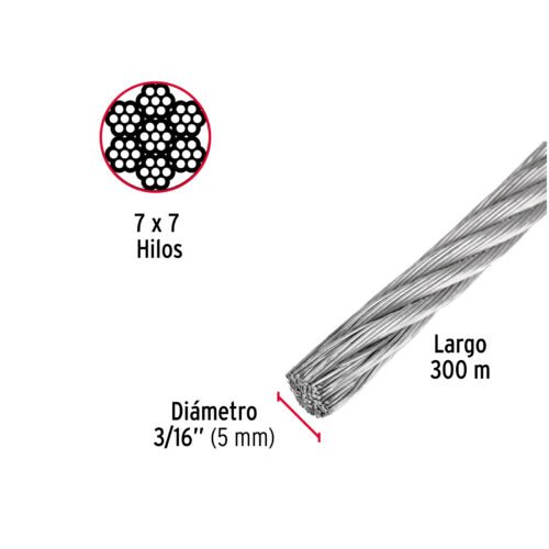 48798 - Metro de cable rígido 3/16" de acero 7x7 hilos, 300 m, FIERO