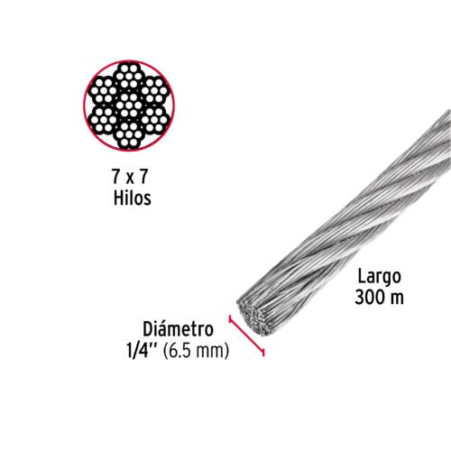 48799 - Metro de cable rígido 1/4" de acero 7x7 hilos, 300 m, FIERO