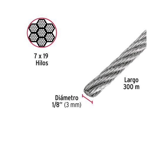 48801 - Metro de cable flexible 1/8" de acero 7x19 hilos, 300 m