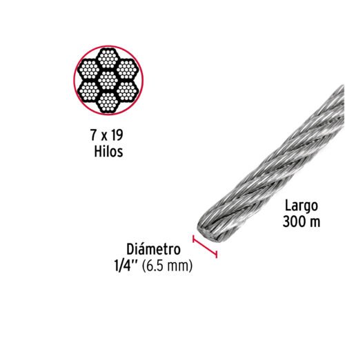 488032 48803 - Metro de cable flexible 1/4" de acero 7x19 hilos, 300 m