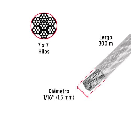 48804 - Metro de cable rígido 1/16" acero 7x7 recubierto PVC, 300 m