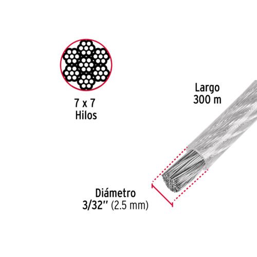 48805 - Metro de cable rígido 3/32" acero 7x7 recubierto PVC, 300 m