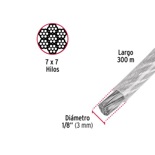 48806 - Metro de cable rígido 1/8" acero 7x7 recubierto PVC, 300 m