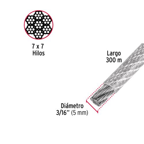 48807 - Metro de cable rígido 3/16" acero 7x7 recubierto PVC, 300 m