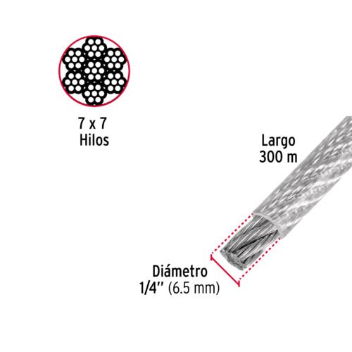 48808 - Metro de cable rígido 1/4" acero 7x7 recubierto PVC, 300 m