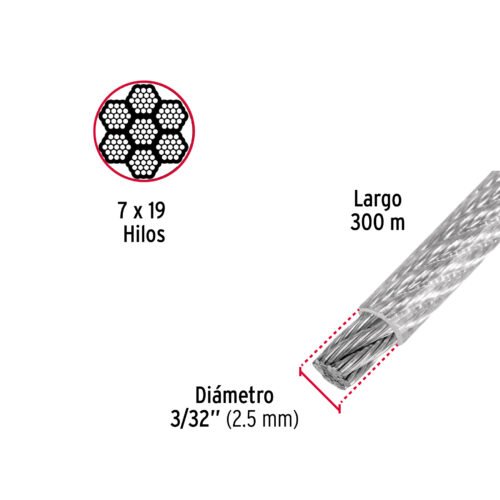 48809 - Metro cable flexible 3/32" acero 7x19 recubierto PVC, 300 m