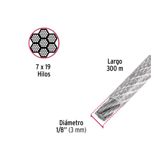 48810 - Metro cable flexible 1/8" acero 7x19 recubierto PVC, 300 m