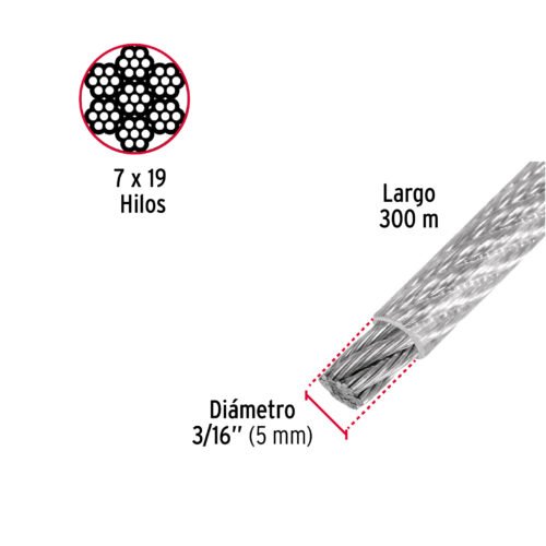 48811 - Metro cable flexible 3/16" acero 7x19 recubierto PVC, 300 m