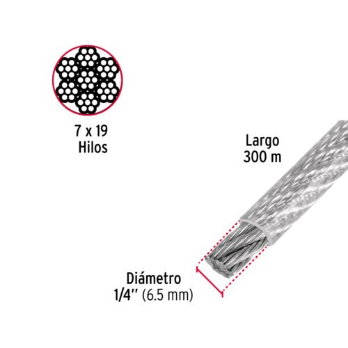 48812 - Metro cable flexible 1/4" acero 7x19 recubierto PVC, 300 m