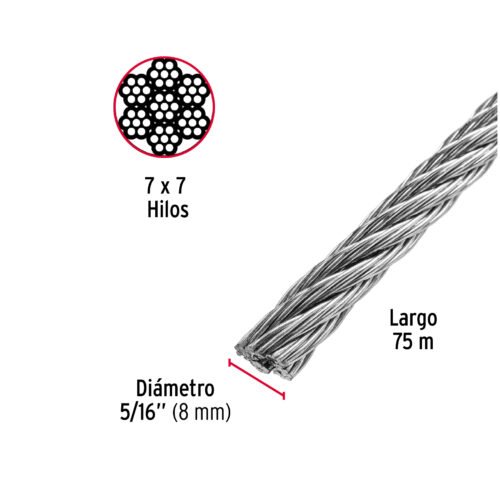 48813 - Metro de cable rígido 5/16" de acero 7x7 hilos, 75 m, FIERO