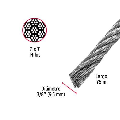 488142 48814 - Metro de cable rígido 3/8" de acero 7x7 hilos, 75 m, FIERO