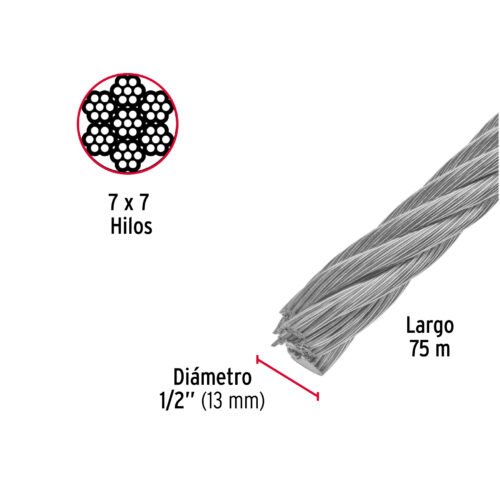 48815 - Metro de cable rígido 1/2" de acero 7x7 hilos, 75 m, FIERO