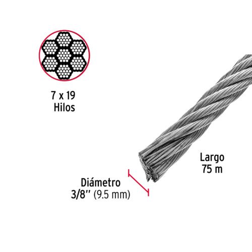 48817 - Metro de cable flexible 3/8" de acero 7x19 hilos, 75 m