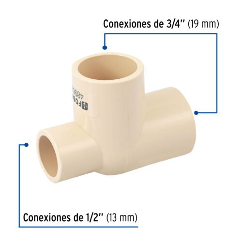 48908 - Tee reducida lateral de CPVC 3/4" x 1/2" x 3/4", Foset