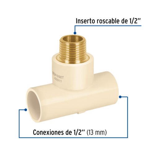 48911 - Tee de CPVC 1/2" rosca central macho inserto latón, FOSET