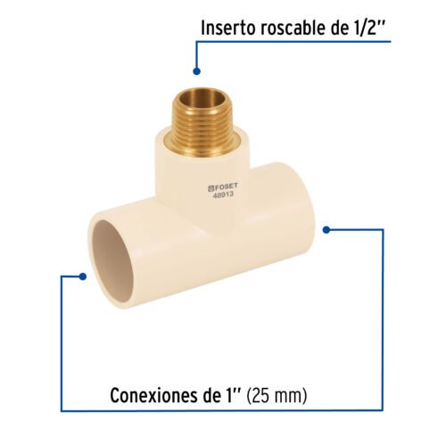 48913 - Tee reducida macho de CPVC 1" x 1" x 1/2" inserto latón
