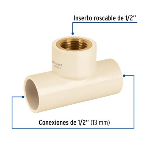 48914 48914 - Tee de CPVC 1/2" rosca central hembra inserto latón, FOSET