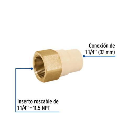 48960 - Adaptador hembra de CPVC 1-1/4" con inserto de latón, FOSET