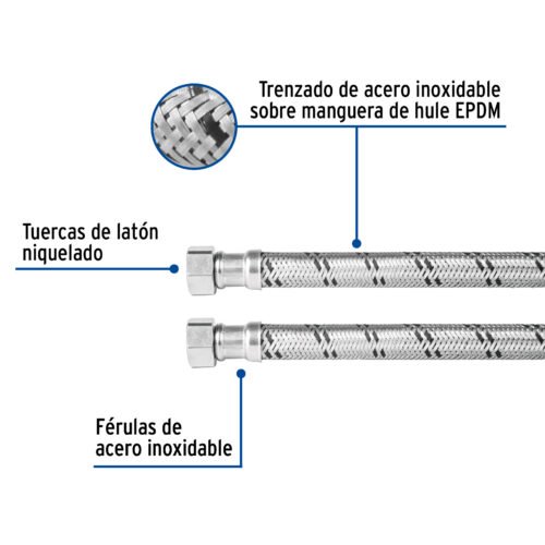 48964 - Manguera para boiler, acero inox, 1/2"x1/2", 40 cm, Foset