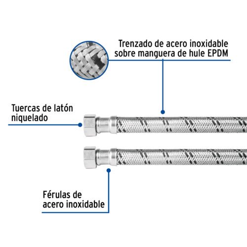 48966 - Manguera para boiler, acero inox, 1/2"x1/2", 80 cm, Foset