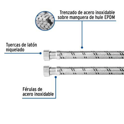 48967 - Manguera para boiler, acero inox, 1/2"x1/2", 120 cm, Foset