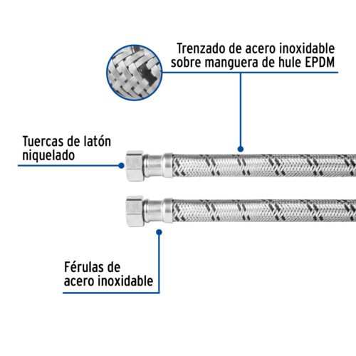 48968 - Manguera para boiler, acero inox, 1/2"x1/2", 150 cm, Foset