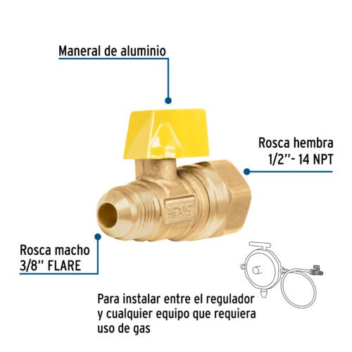 49115 - Válvula de control de latón para gas, 3/8" x 1/2", Foset