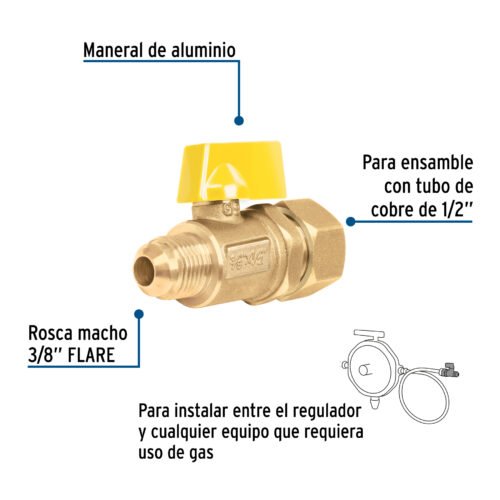 49116 - Válvula de control latón para gas 3/8"x1/2" tipo barrilito